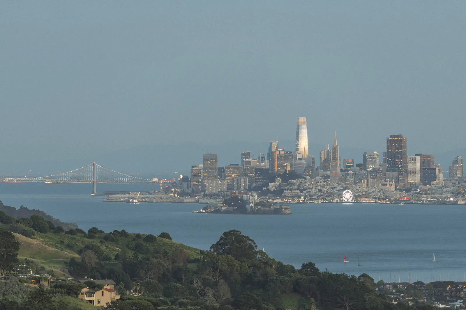 Photo of the San Francisco skyline across the bay from Tiburon at dusk